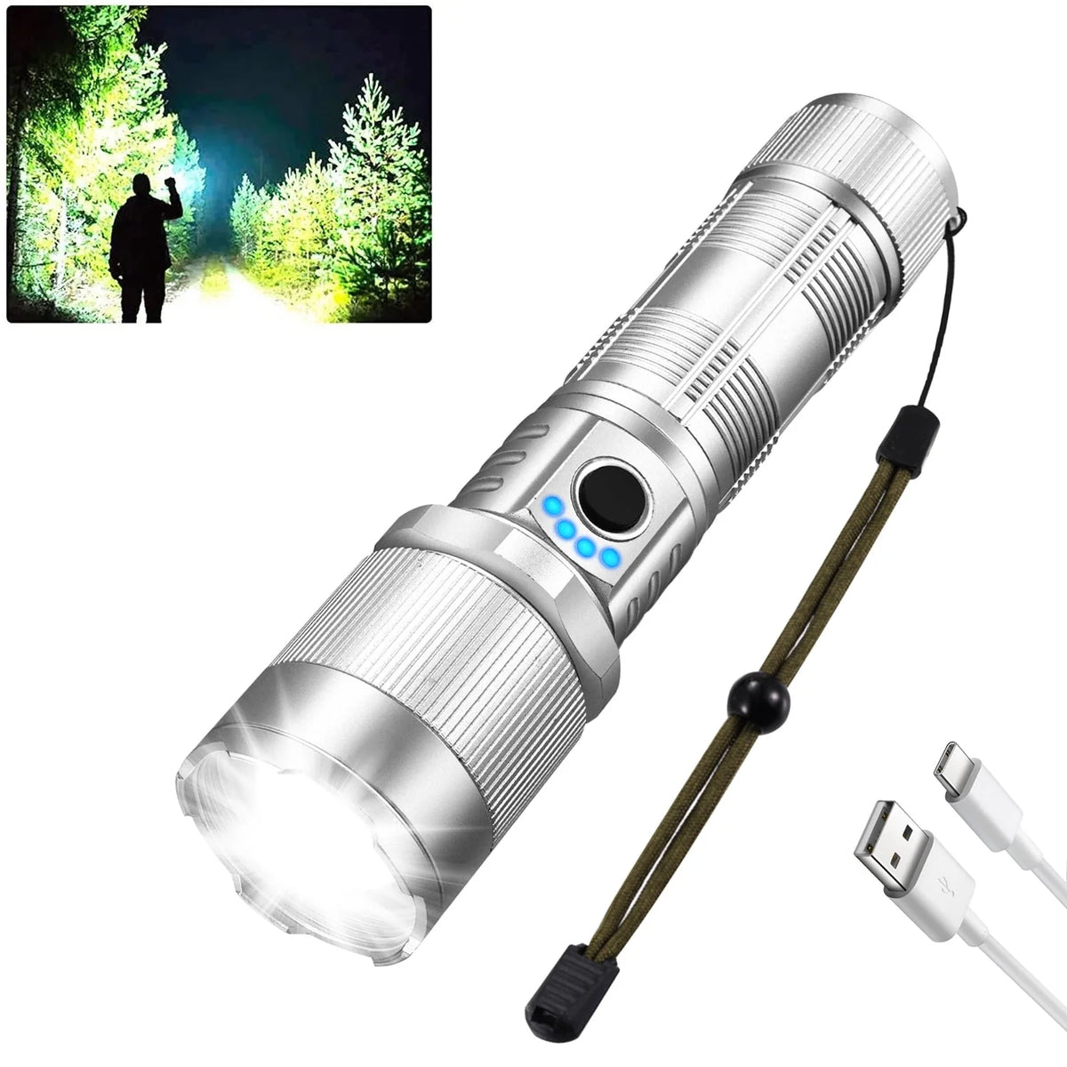 100000 Lumen Rechargeable LED Flashlight with 7 Modes and COB Sidelight X3000