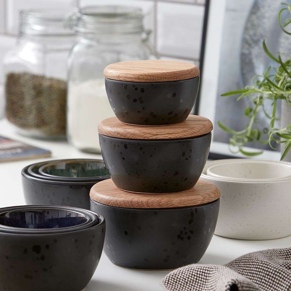 Stoneware Bowl With Lid Set 3 Pcs Black, Green G639445