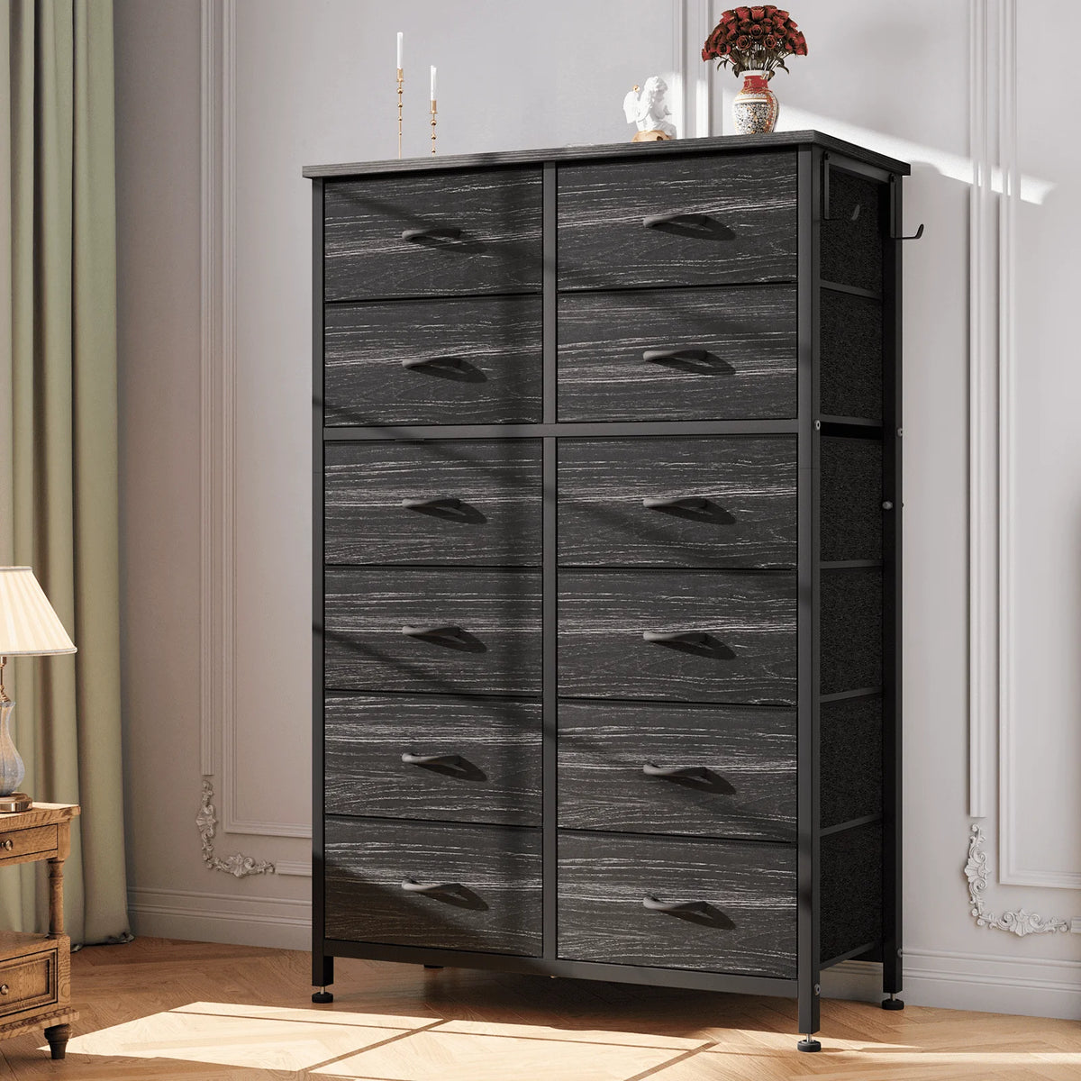 12 Drawer Fabric Dresser with Steel Frame and Wooden Top S478