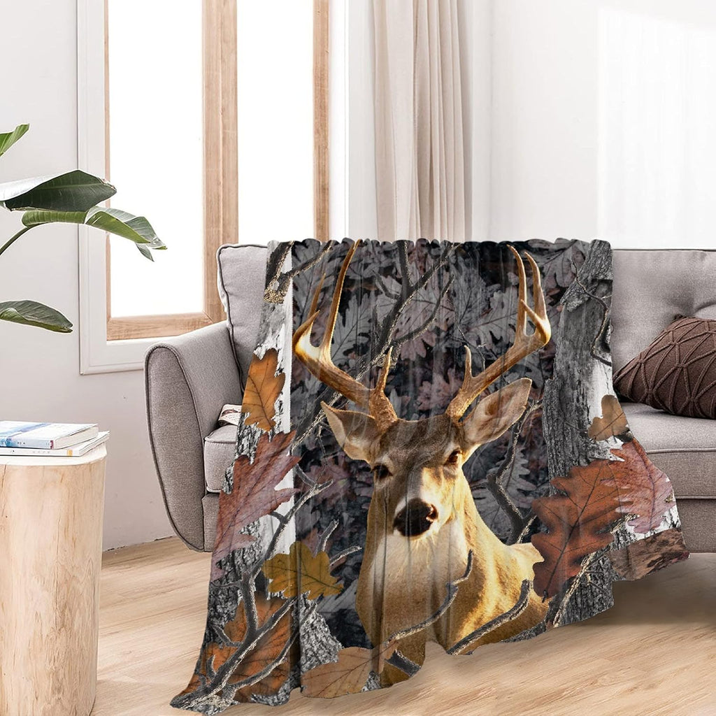 Camo Buck Deer Forest Flannel Blanket 80x60 B24754