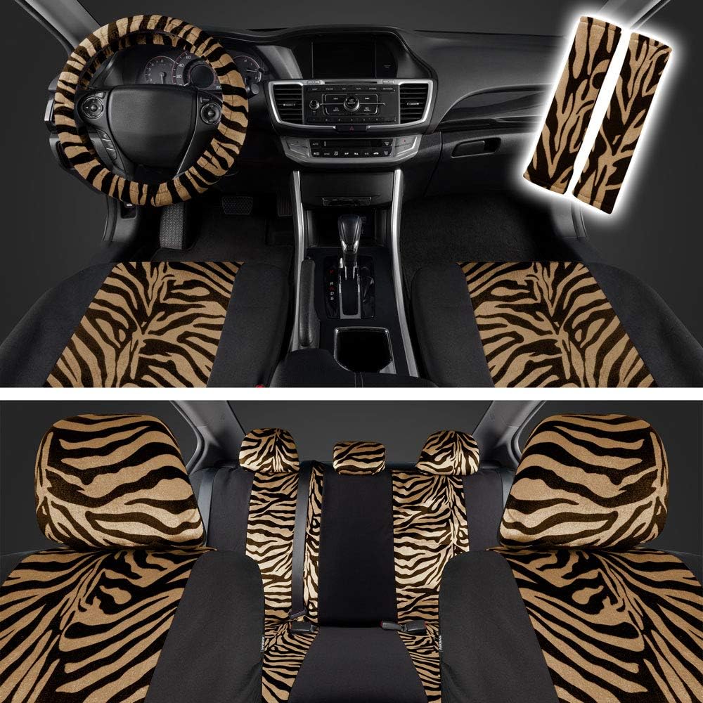 Zebra Print Car Seat Covers Full Set with Seat Belt Pads and Steering Wheel Cover K5077
