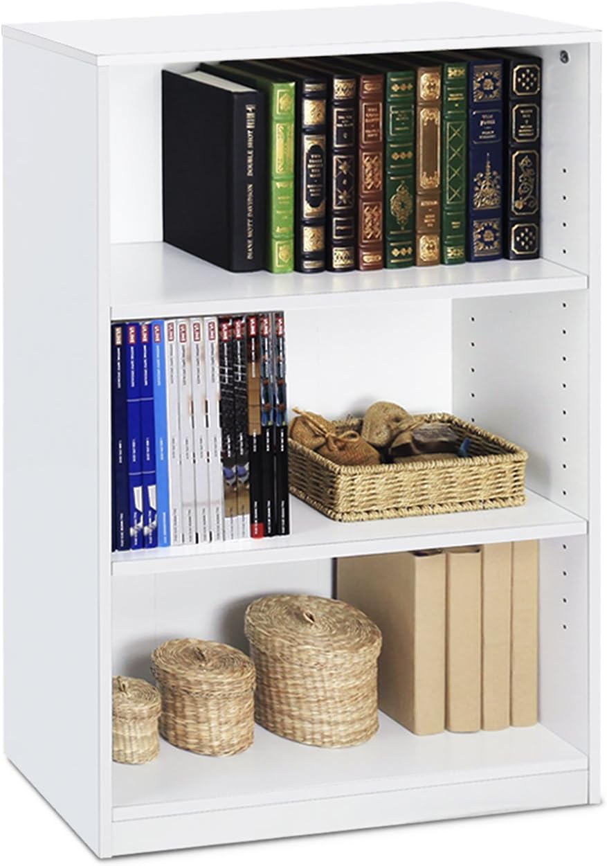 5-Tier Reversible Color Open Shelf Bookcase, White & 3-Tier Adjustable Shelf Bookcase, White W538