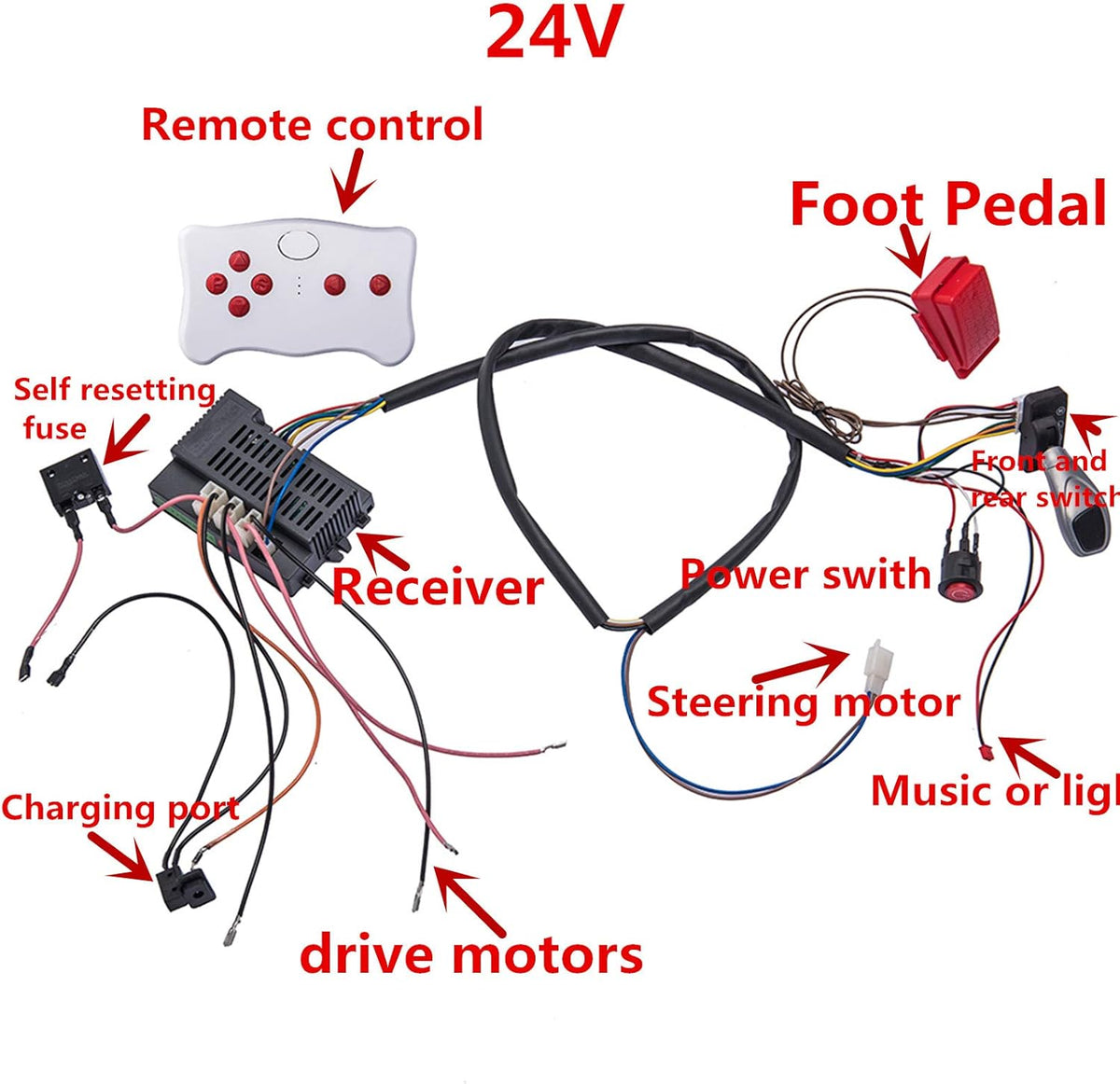24 Volt Electric Car Wires and Switch Kit with 2.4G Remote Control and Receiver Pack of 2 K98127