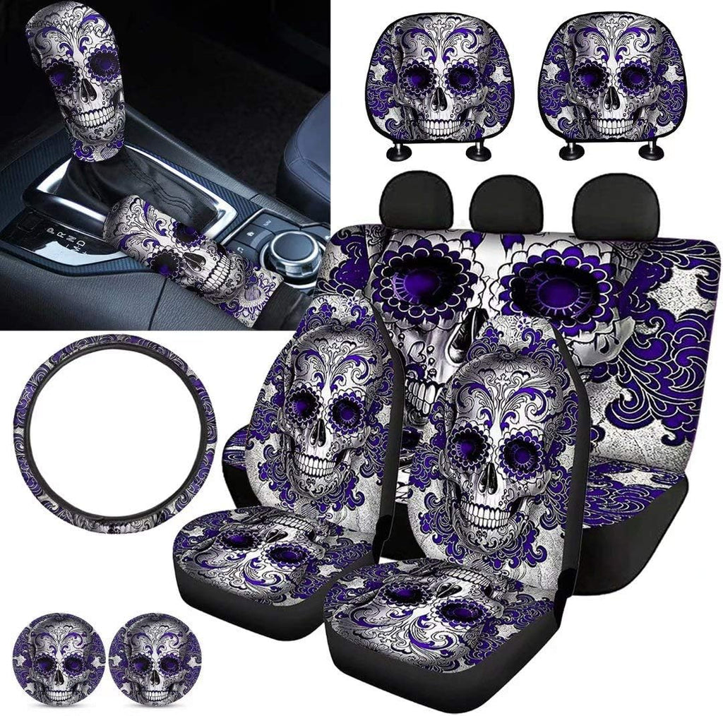 Purple Sugar Skull Car Seat Cover Set 11 PCS S341