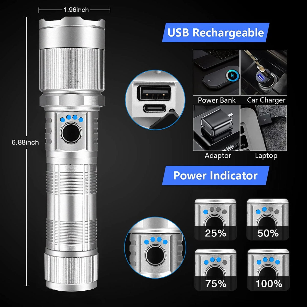 100000 Lumen Rechargeable LED Flashlight with 7 Modes and COB Sidelight X3000