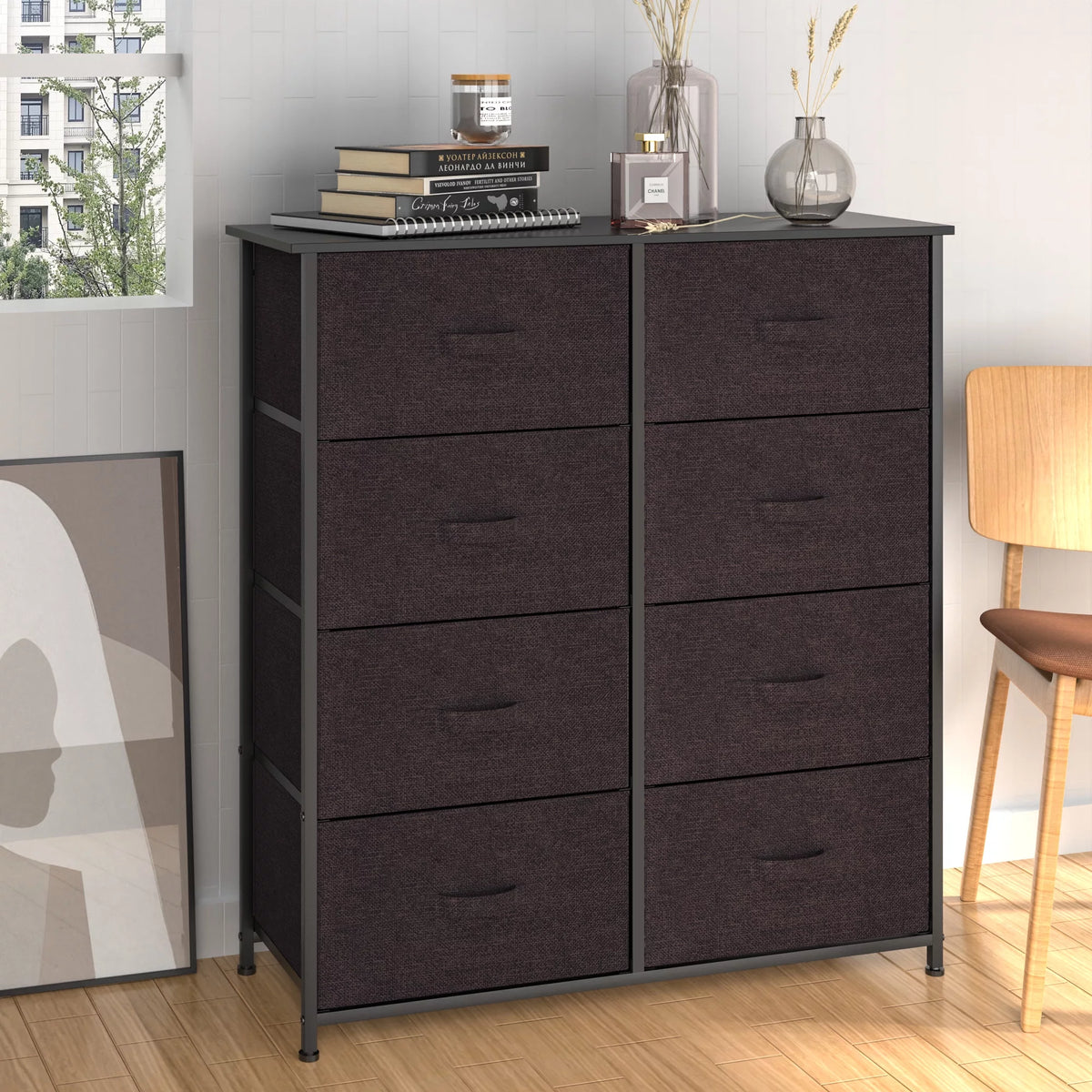 8 Drawer Fabric Dresser with Wooden Top Shelf T1133