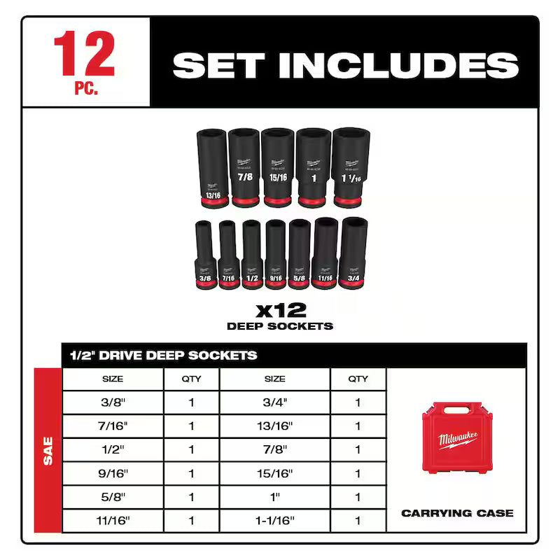 1/2 in. Drive SAE Deep Well Impact Socket Set 12-Piece S415314