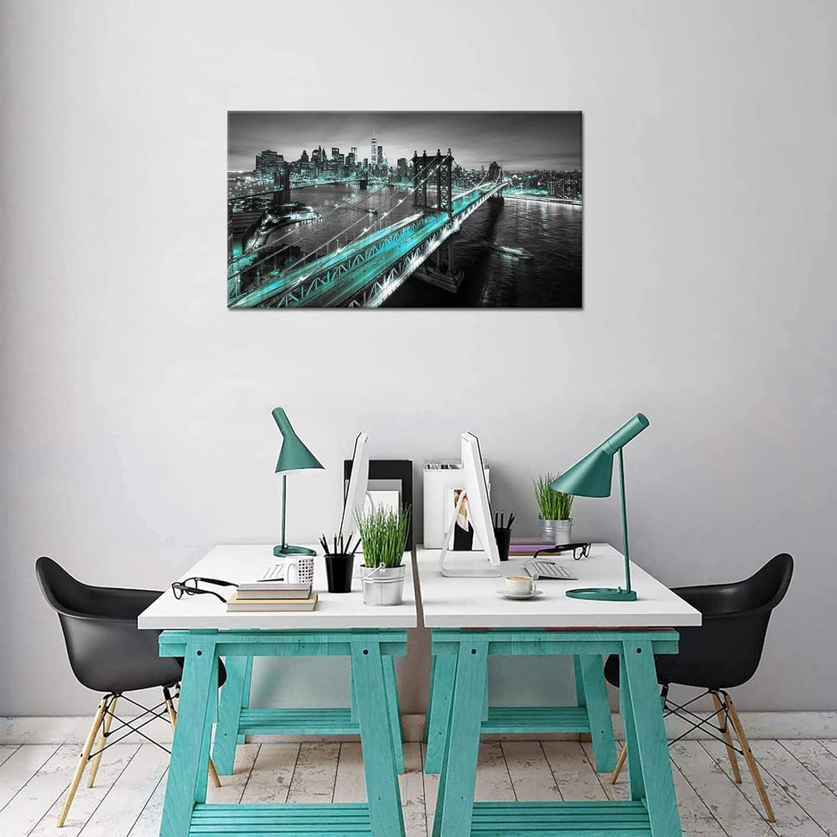 3 Piece Black White and Teal Cityscape Canvas Prints 20x36 X639108