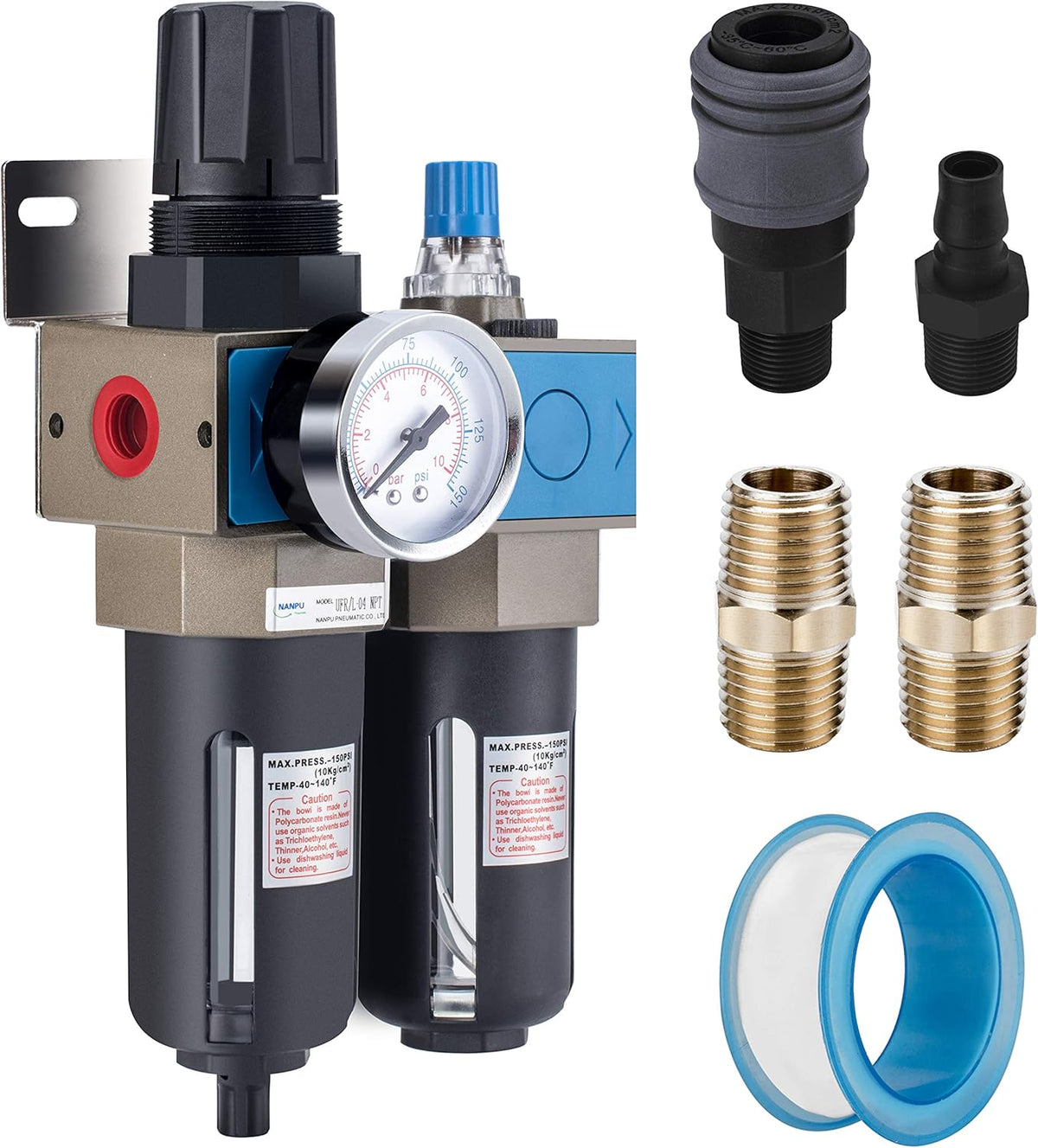 1/2 NPT Compressed Air Filter Regulator Lubricator, 5 Micron Brass Element J1458