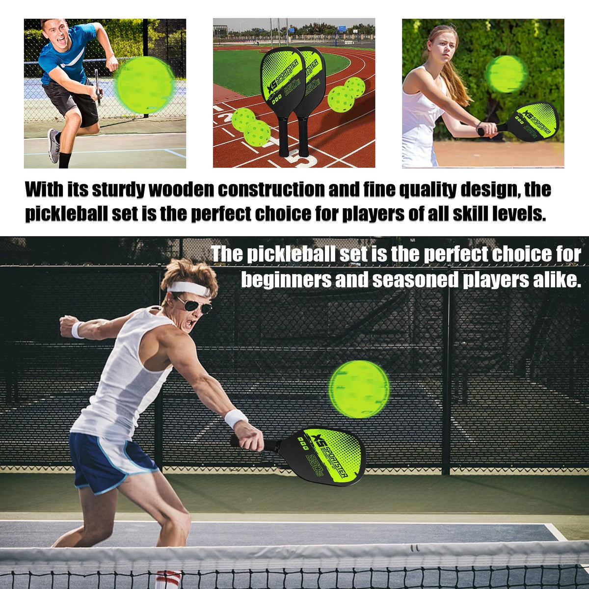 Pickleball Rackets Set of 2 Rackets and 4 Pickleballs F10804