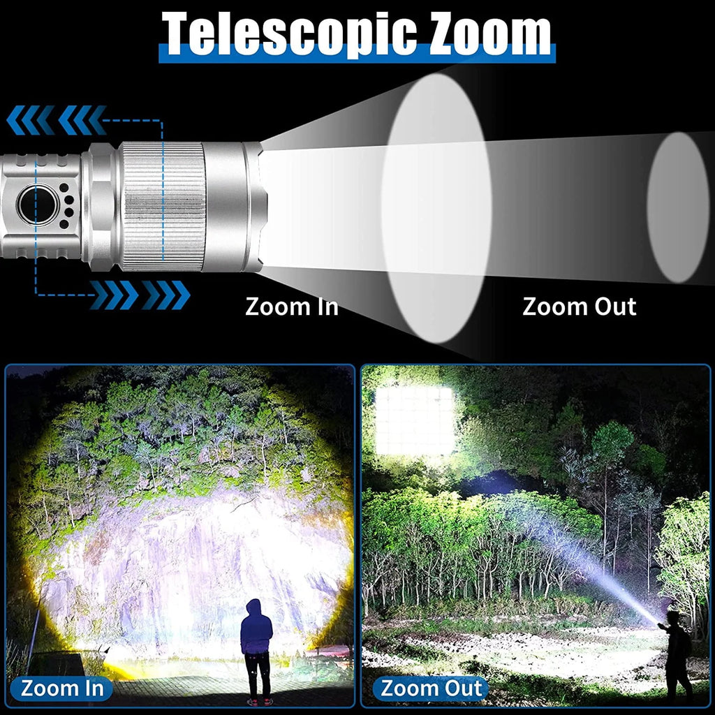 100000 Lumen Rechargeable LED Flashlight with 7 Modes and COB Sidelight X3000