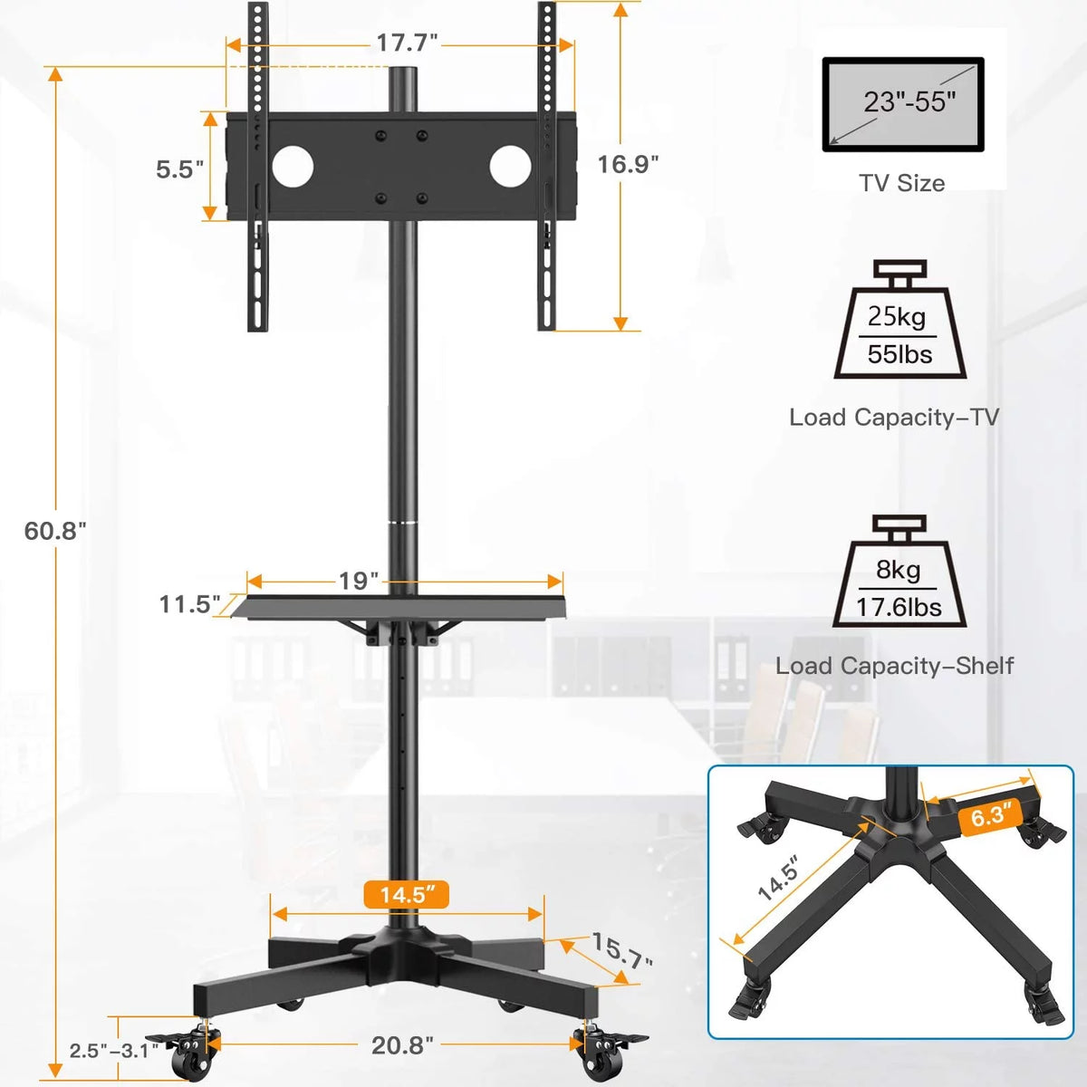 Rolling TV Stand with Wheels for 23-55 inch Flat Panel TVs, Black N4696
