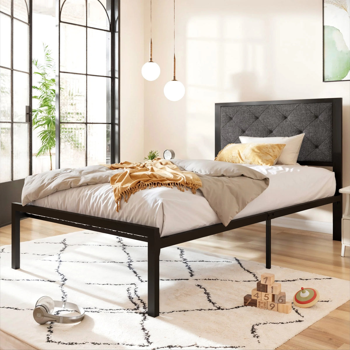 Twin Size Metal Platform Bed Frame with Fabric Headboard A364