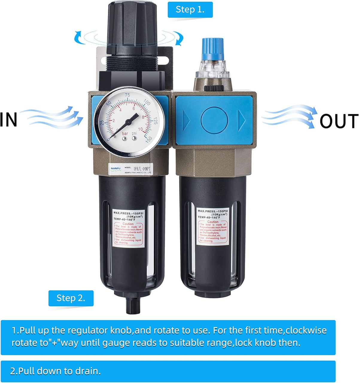 1/2 NPT Compressed Air Filter Regulator Lubricator, 5 Micron Brass Element J1458