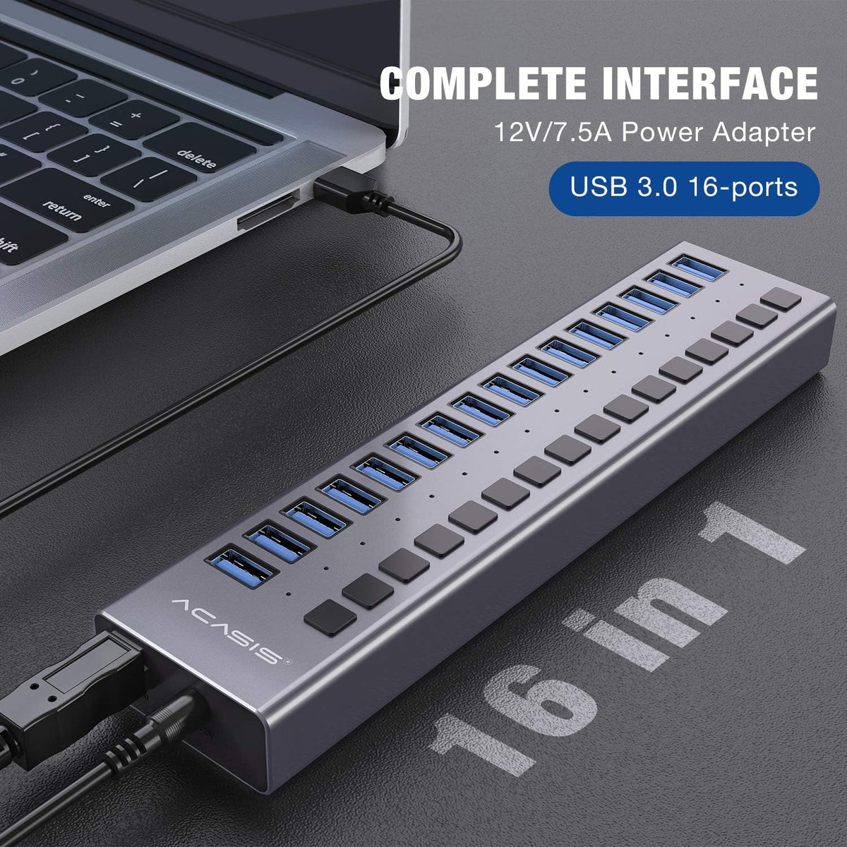 16 Ports USB 3.0 Data Hub with On/Off Switches and Power Adapter H15337