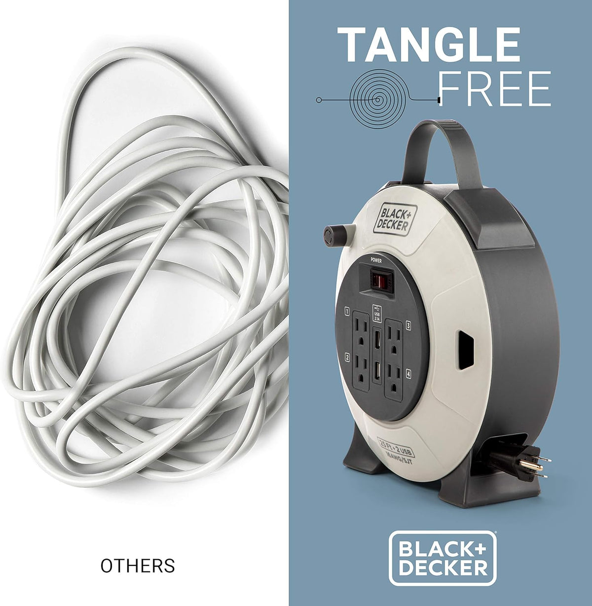 Retractable Extension Cord, 25 ft, 4 Outlets, 2 USB Ports F9981