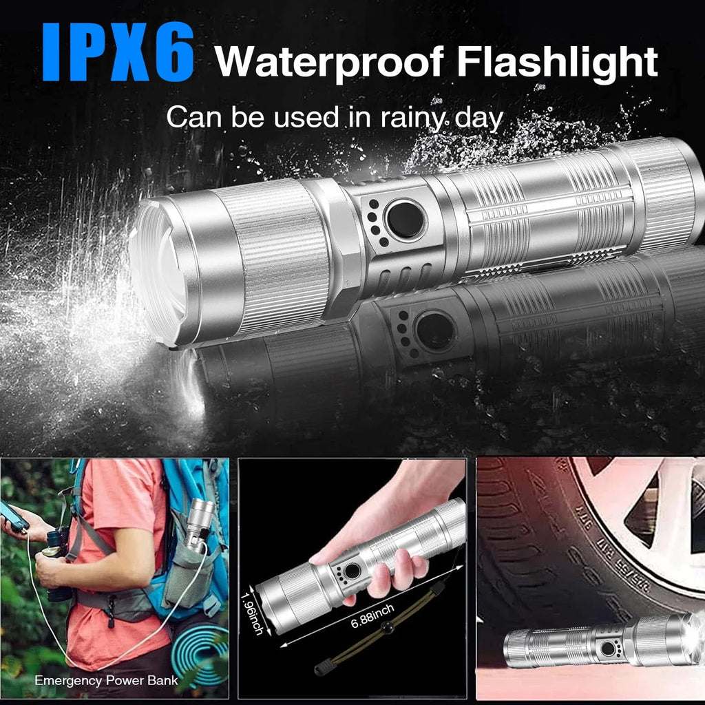 100000 Lumen Rechargeable LED Flashlight with 7 Modes and COB Sidelight X3000