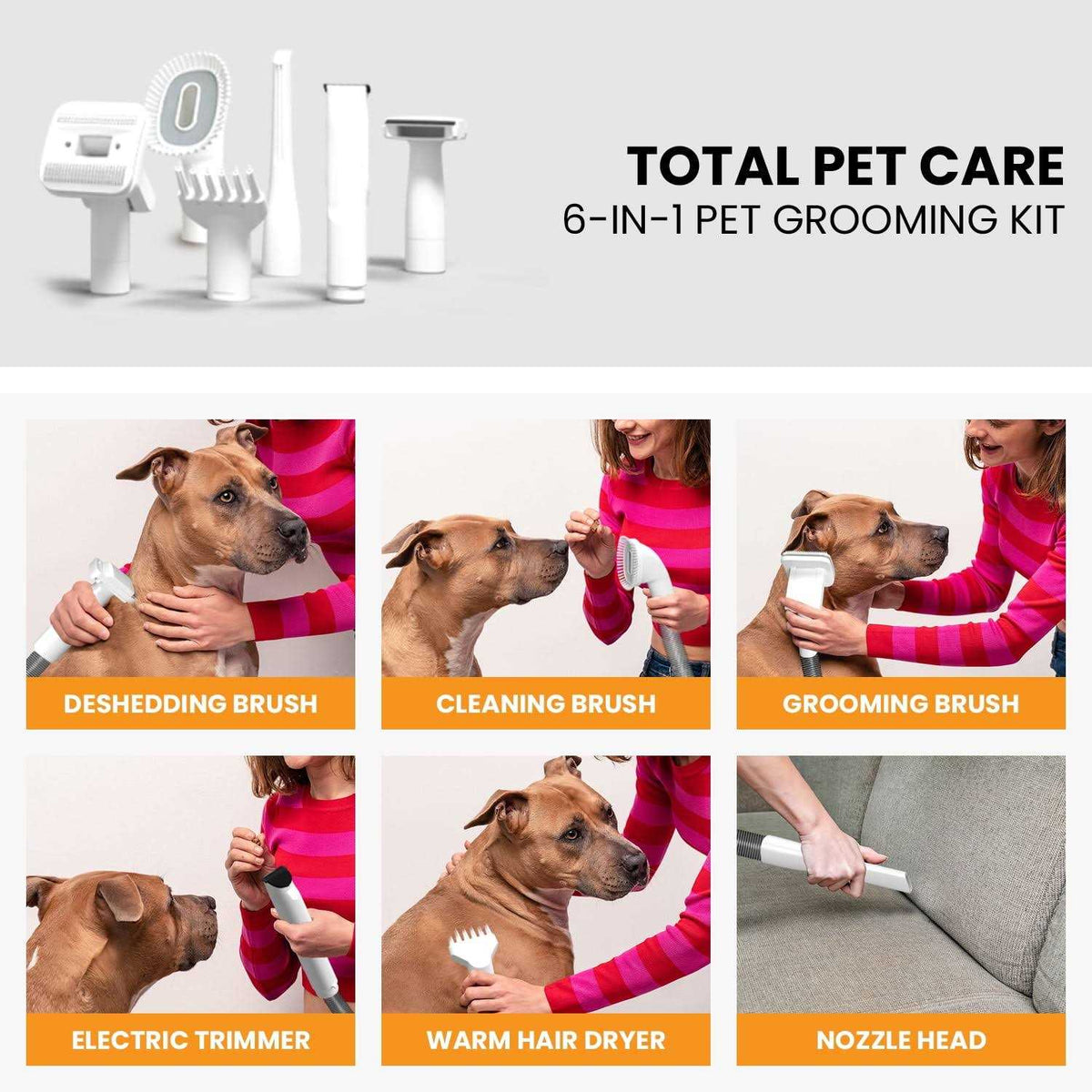 3-in-1 Pet Grooming Kit Vacuum Suction Dryer Clipper 6 Tools 4L Dust Y426068