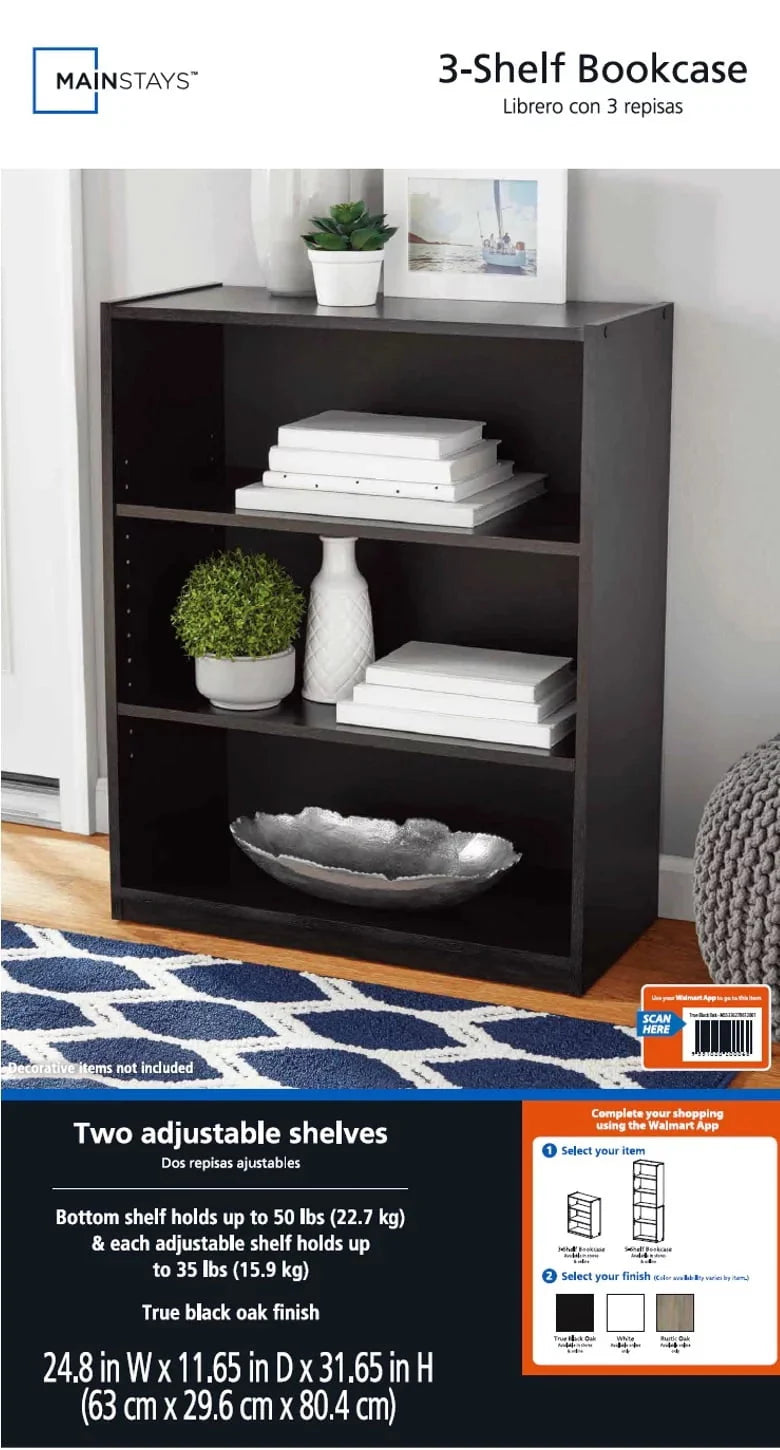 White 3-Shelf Bookcase with Adjustable Shelves P450
