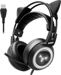 Black Gaming Headset 7.1 Virtual Surround Sound Detachable Cat Ear LED Over Ear Headphones W158
