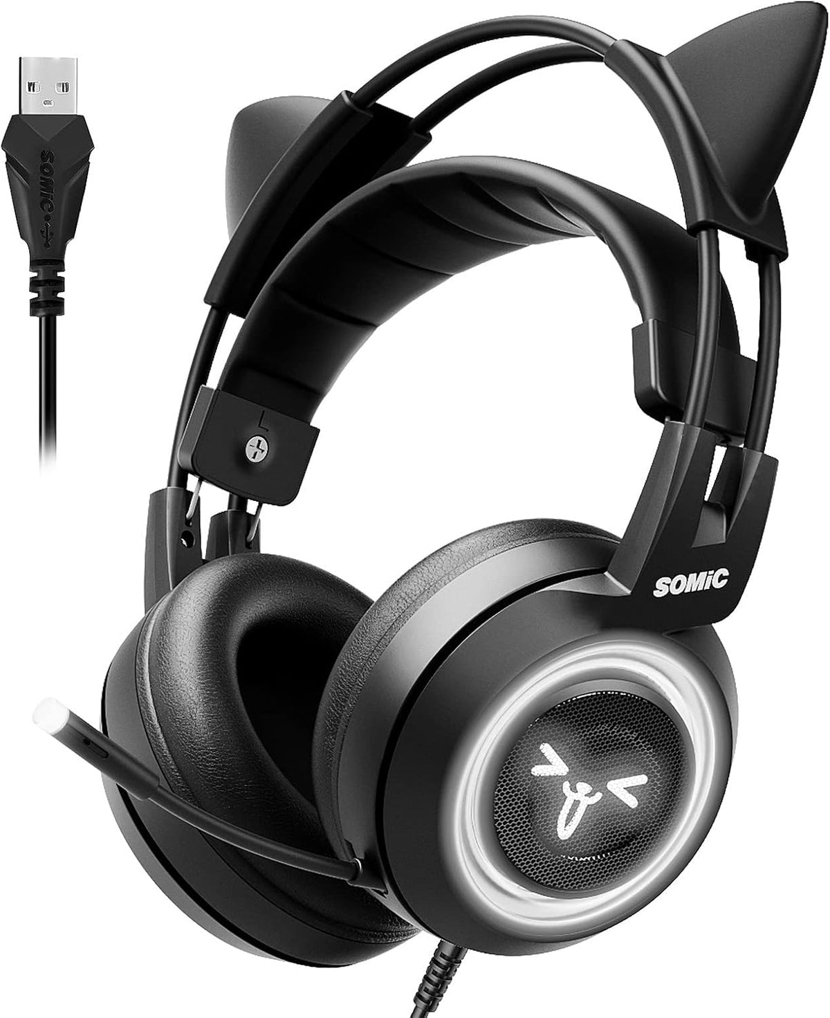 Black Gaming Headset 7.1 Virtual Surround Sound Detachable Cat Ear LED Over Ear Headphones W158