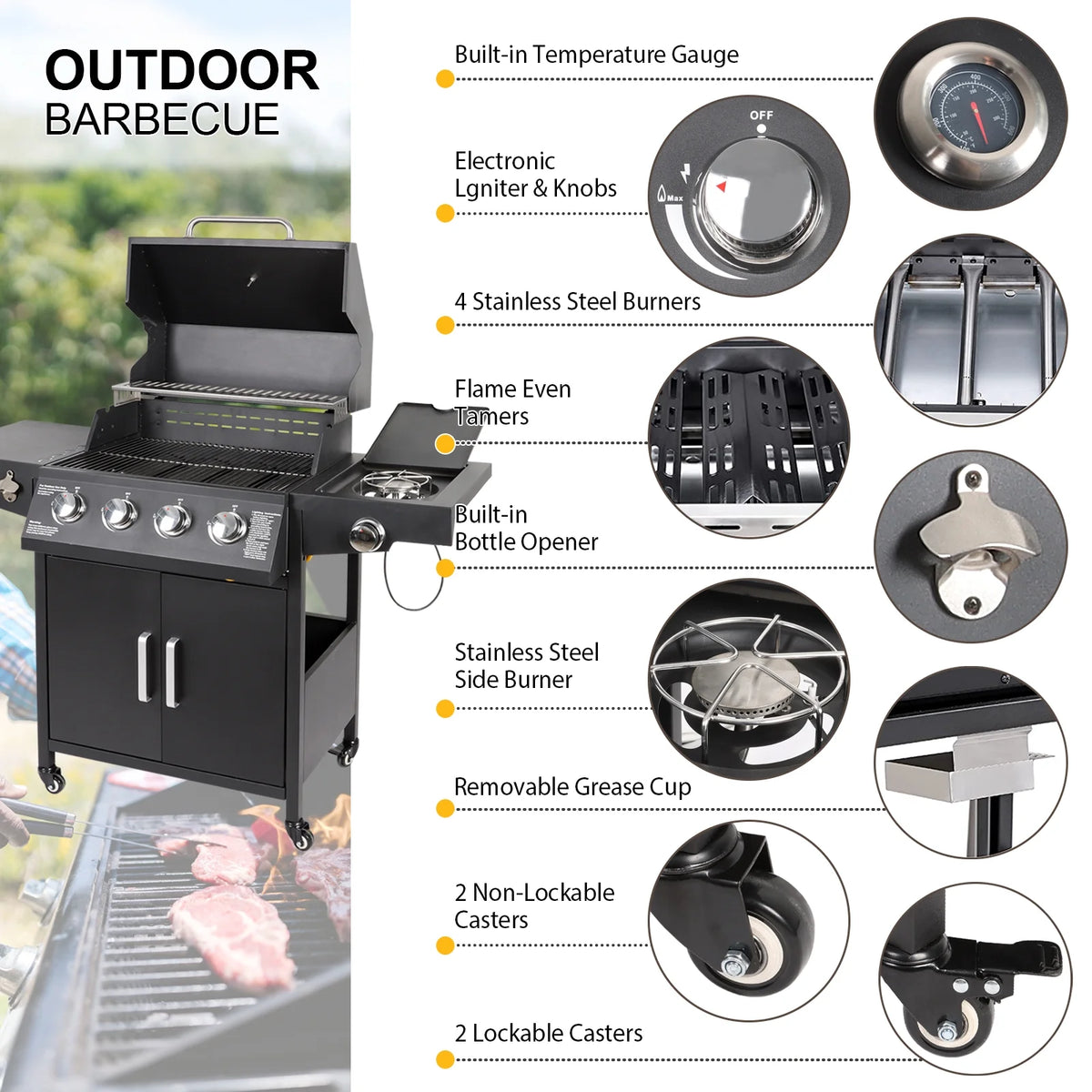 4-Burner Propane Gas Grill with Side Burner J298087