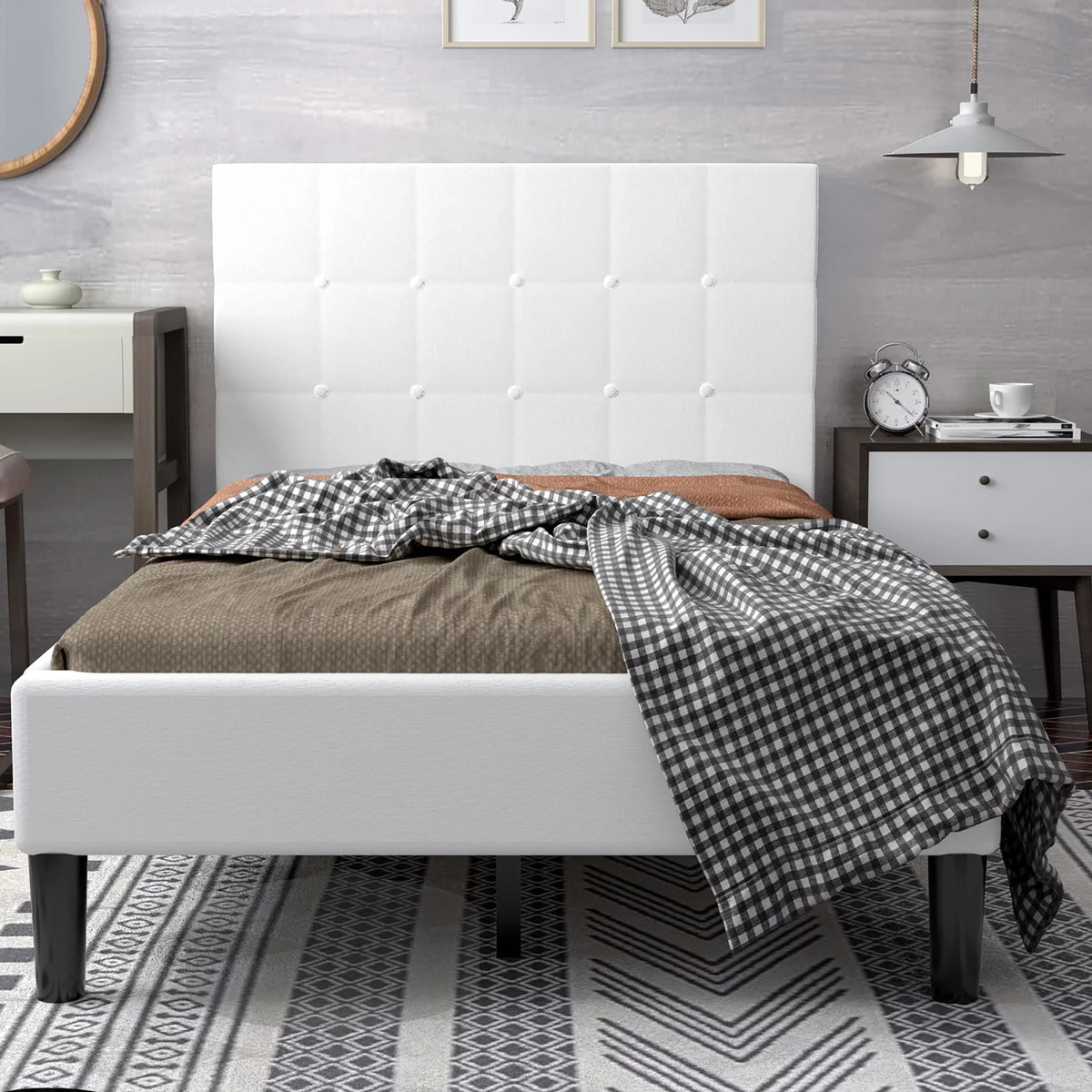 Twin Upholstered Bed Frame with Tufted Headboard Beige N875