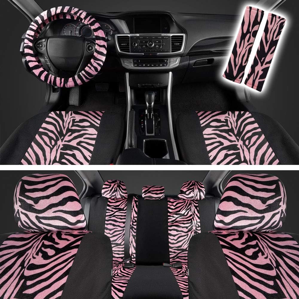 Zebra Print Car Seat Covers Full Set with Seat Belt Pads and Steering Wheel Cover K5077