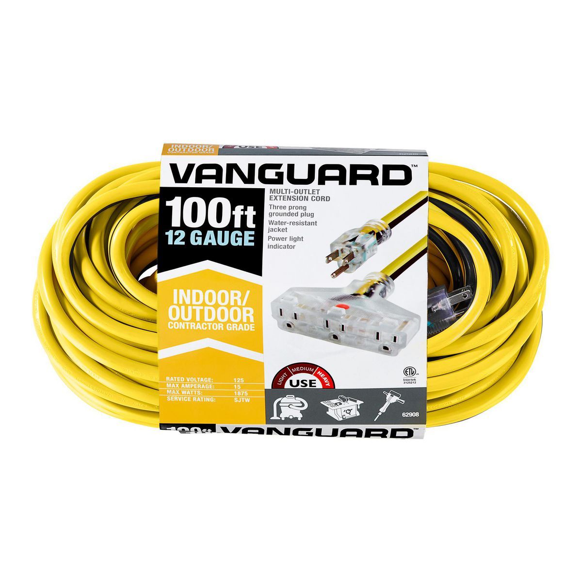 100 ft. 12/3 Gauge Multiple Outlet Extension Cord with Indicator Light, Yellow, Black M6088