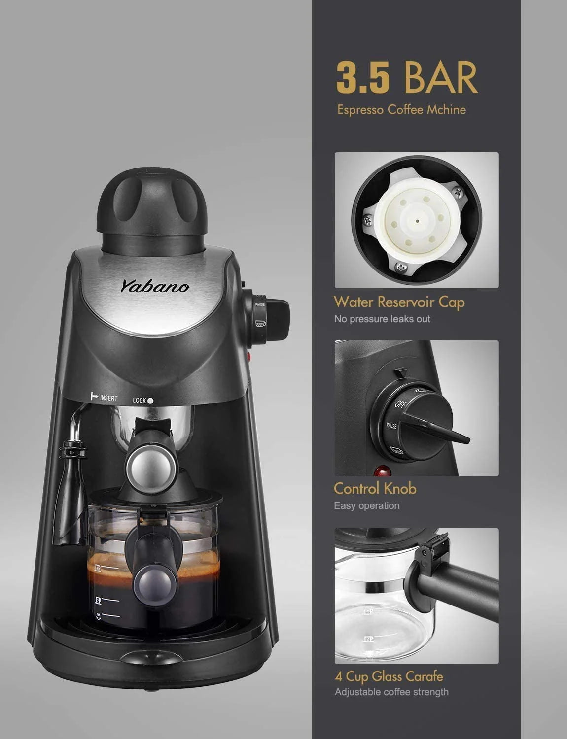 3.5 Bar 4 Cup Steam Espresso Cappuccino Maker with Milk Frother, Black K4147