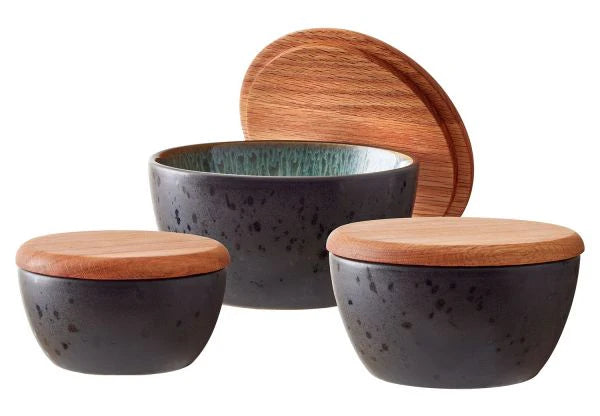 Stoneware Bowl With Lid Set 3 Pcs Black, Green G639445