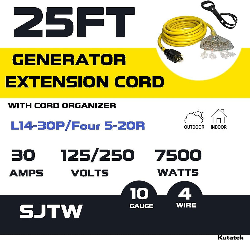 40Ft L14-30P to Four 5-20R 30 Amp Generator Power Cord T33624