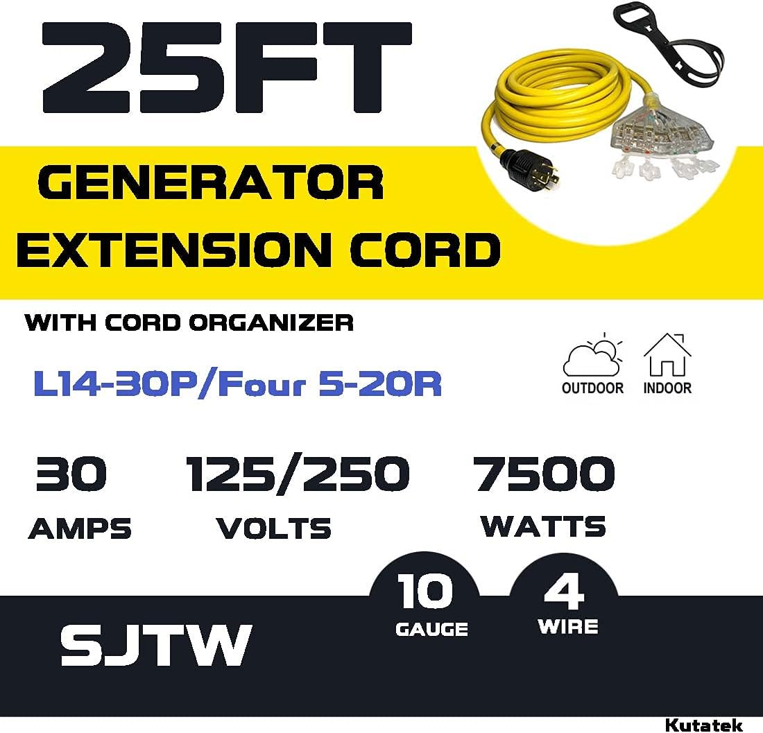 40Ft L14-30P to Four 5-20R 30 Amp Generator Power Cord T33624