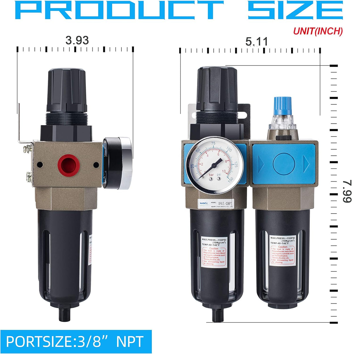1/2 NPT Compressed Air Filter Regulator Lubricator, 5 Micron Brass Element J1458