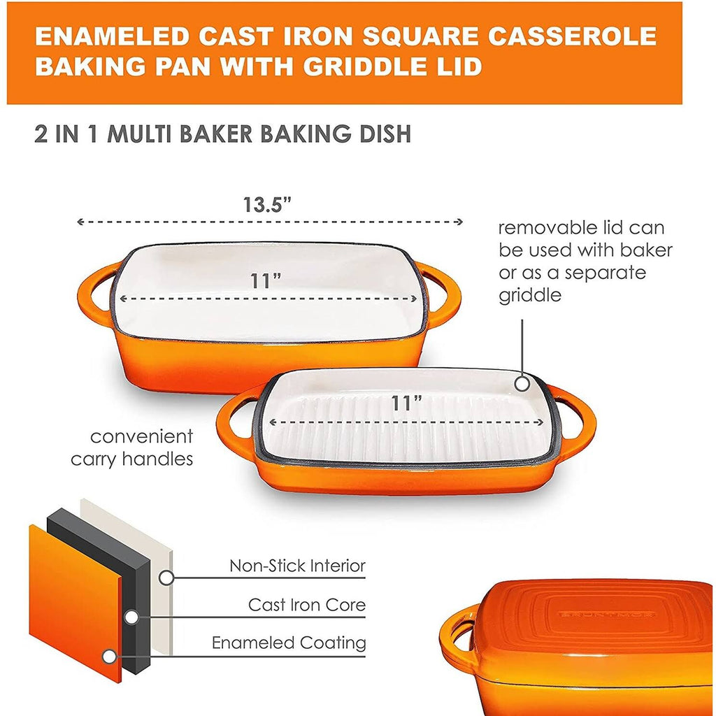 Enameled Cast Iron 11 inch Square Casserole Baking Pan with Griddle Lid Y926