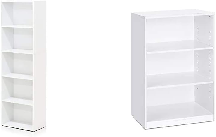 5-Tier Reversible Color Open Shelf Bookcase, White & 3-Tier Adjustable Shelf Bookcase, White W538