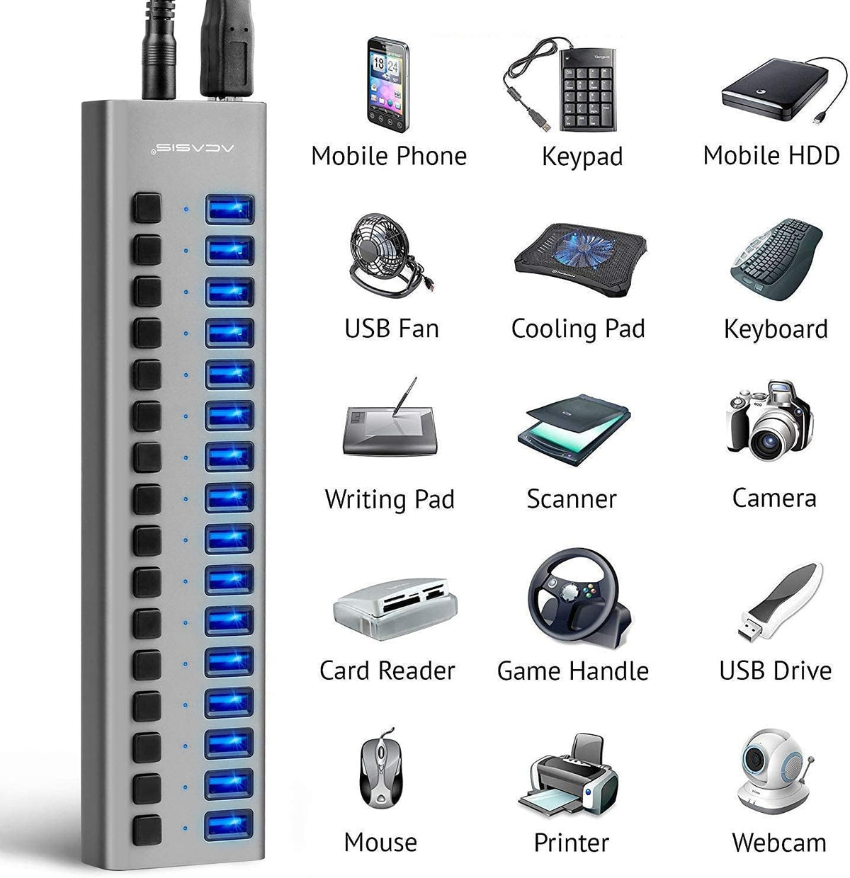 16 Ports USB 3.0 Data Hub with On/Off Switches and Power Adapter H15337
