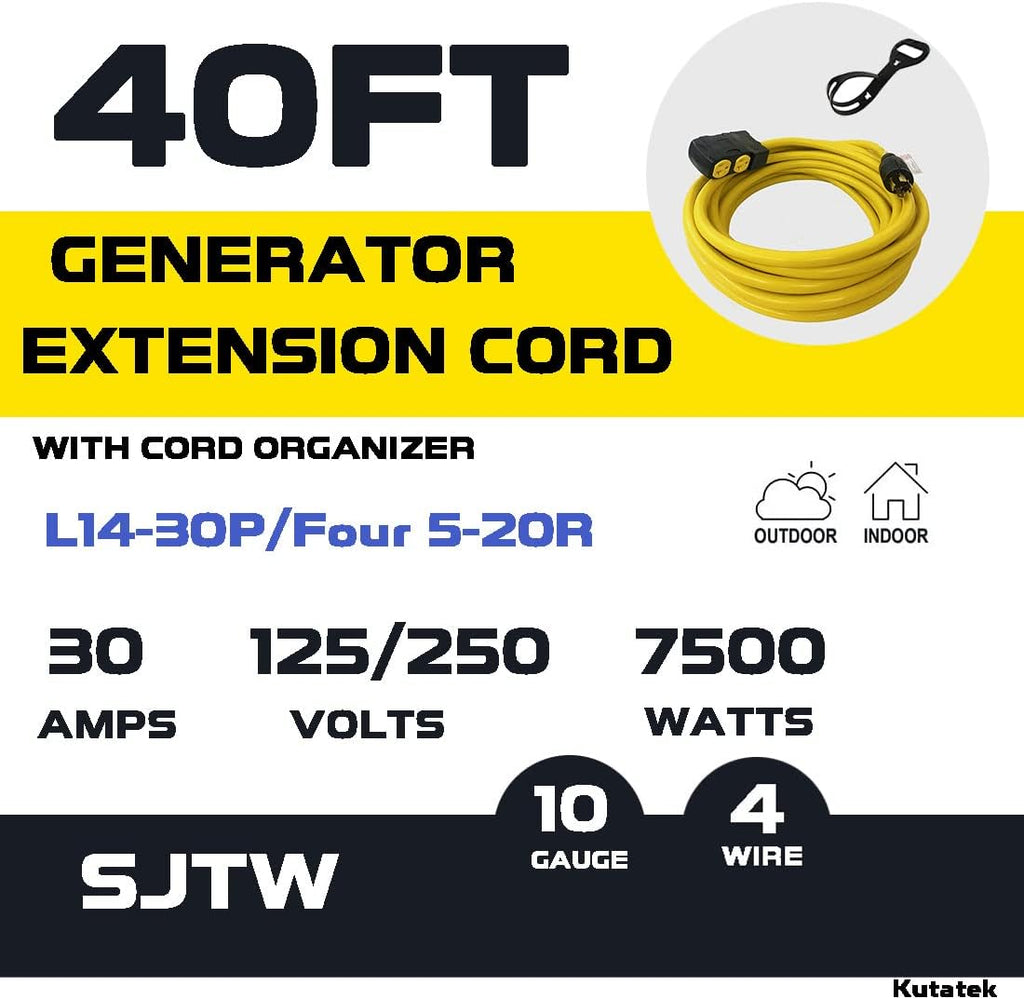 40Ft L14-30P to Four 5-20R 30 Amp Generator Power Cord T33624