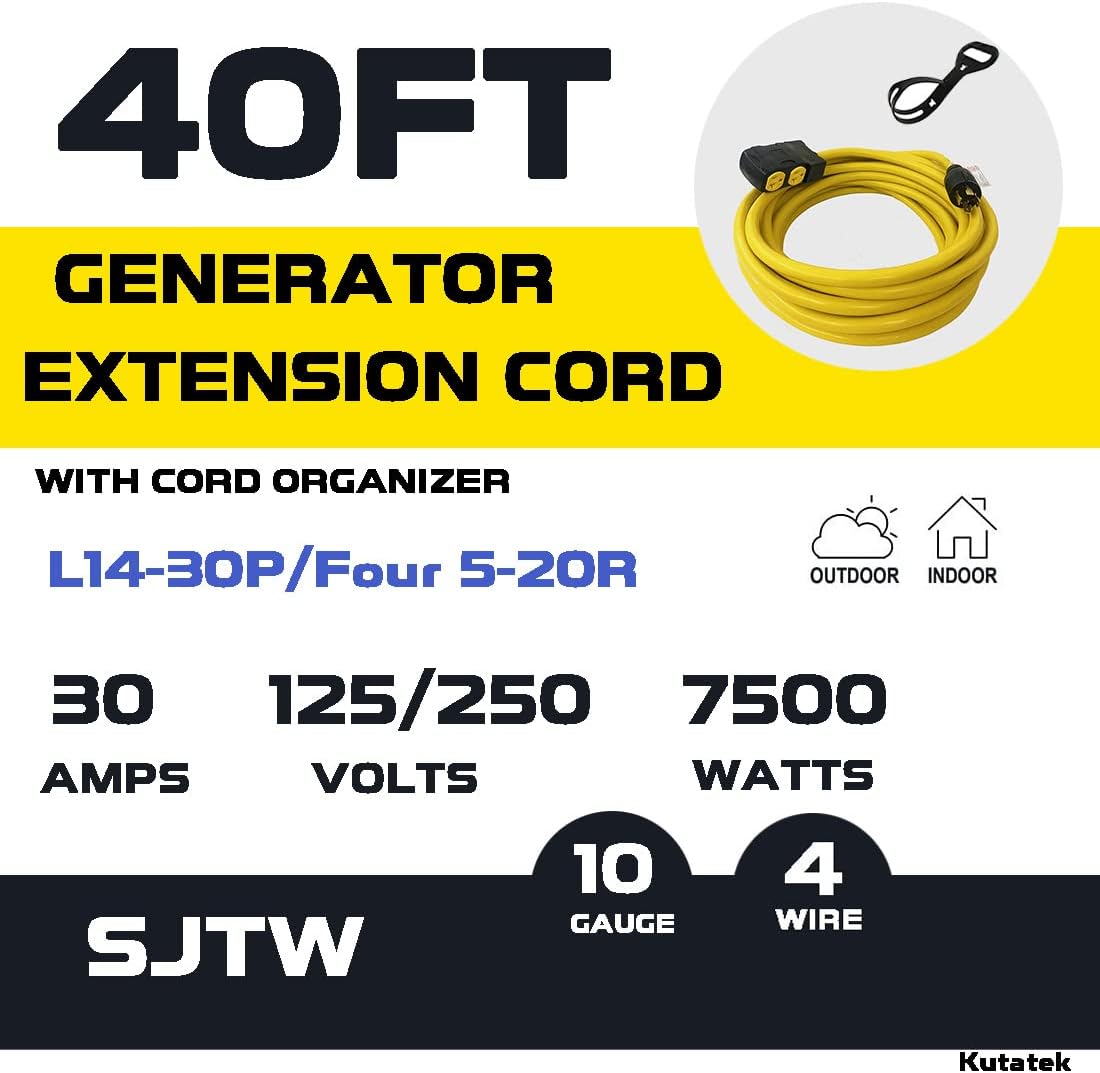 40Ft L14-30P to Four 5-20R 30 Amp Generator Power Cord T33624