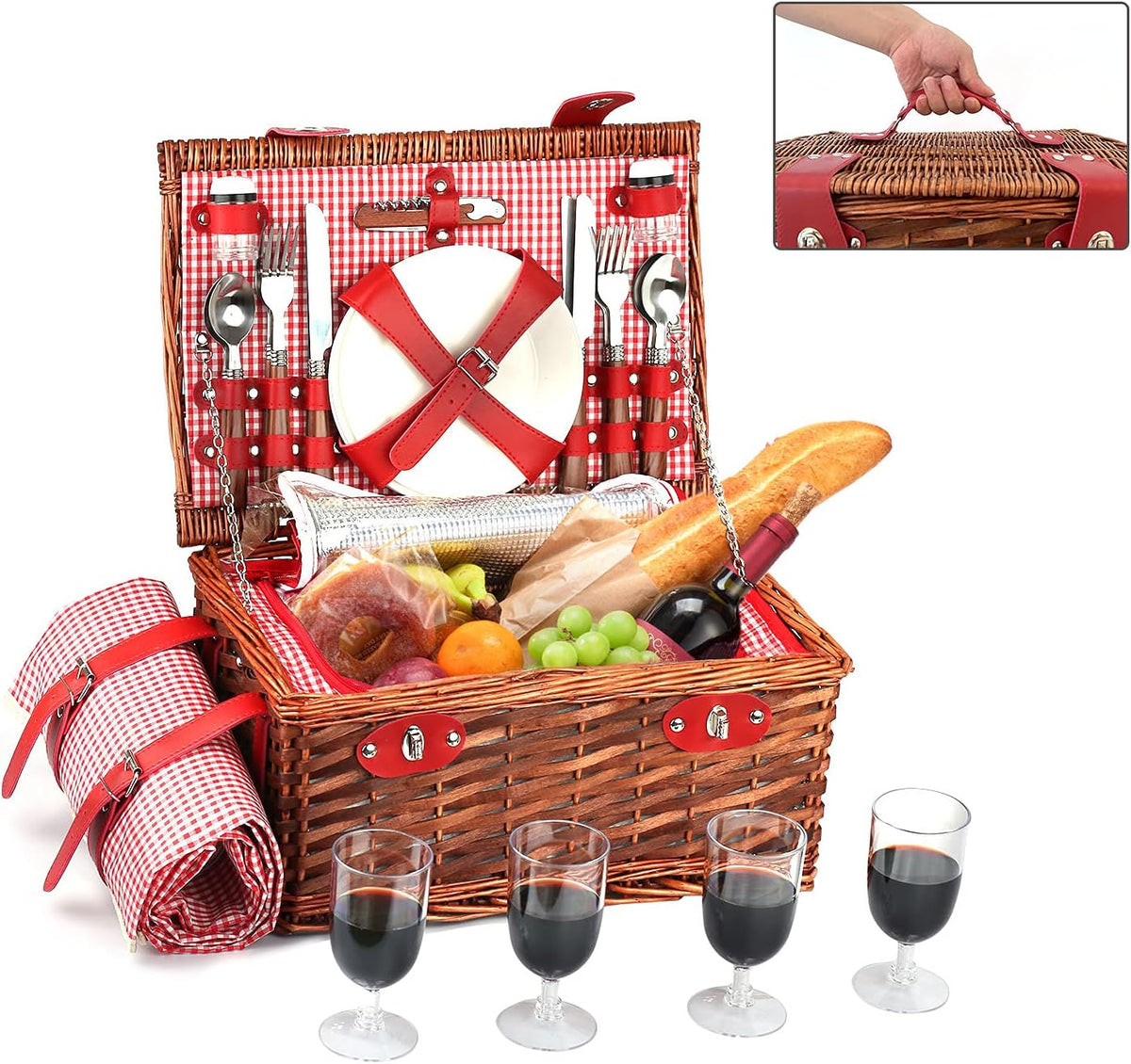 4 Person Wicker Picnic Basket Set with Insulated Cooler Bag and Picnic Blanket E829