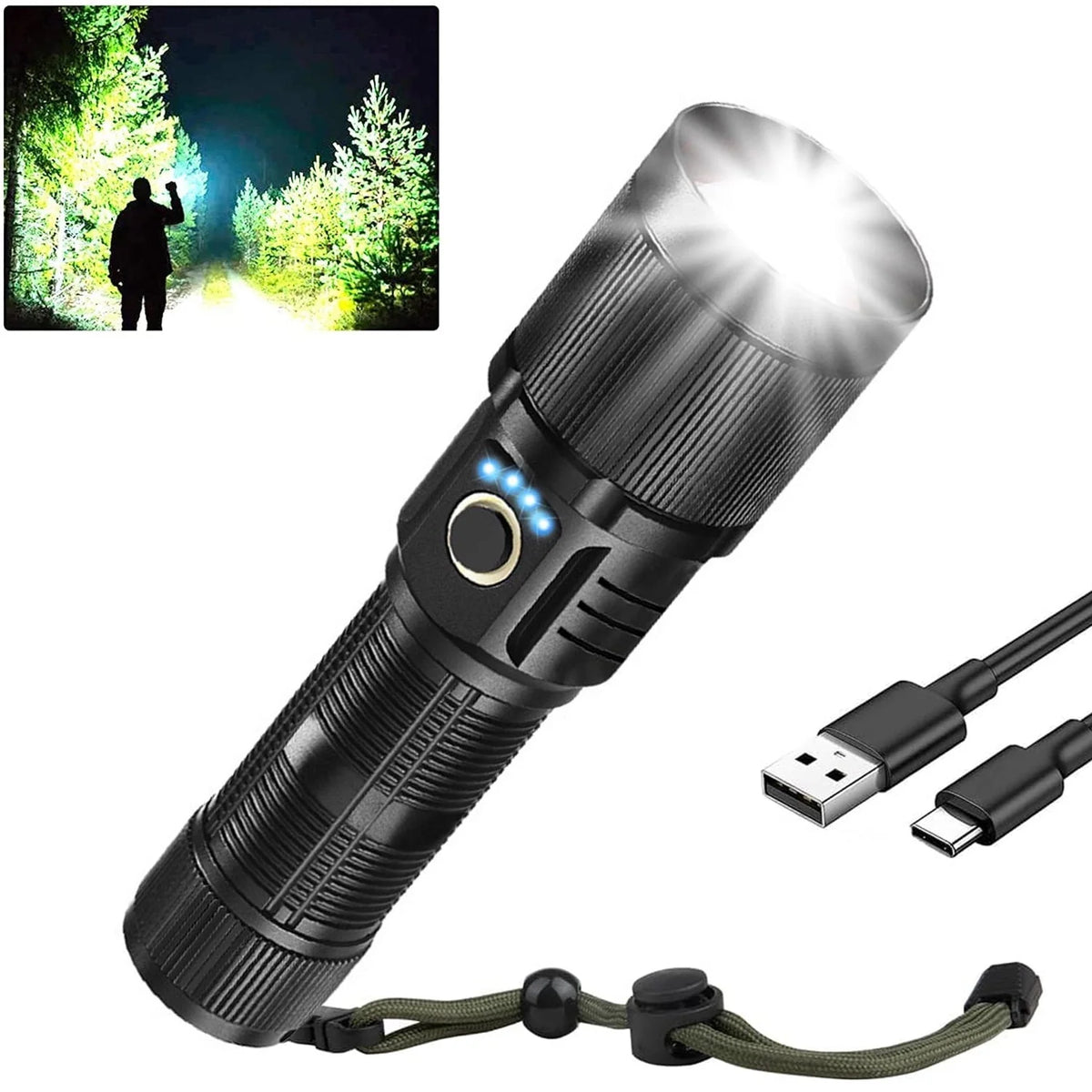 100000 Lumen Rechargeable LED Flashlight with 7 Modes and COB Sidelight X3000