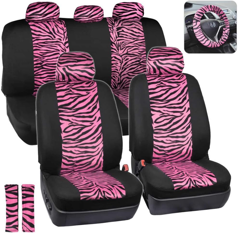 Zebra Print Car Seat Covers Full Set with Seat Belt Pads and Steering Wheel Cover K5077