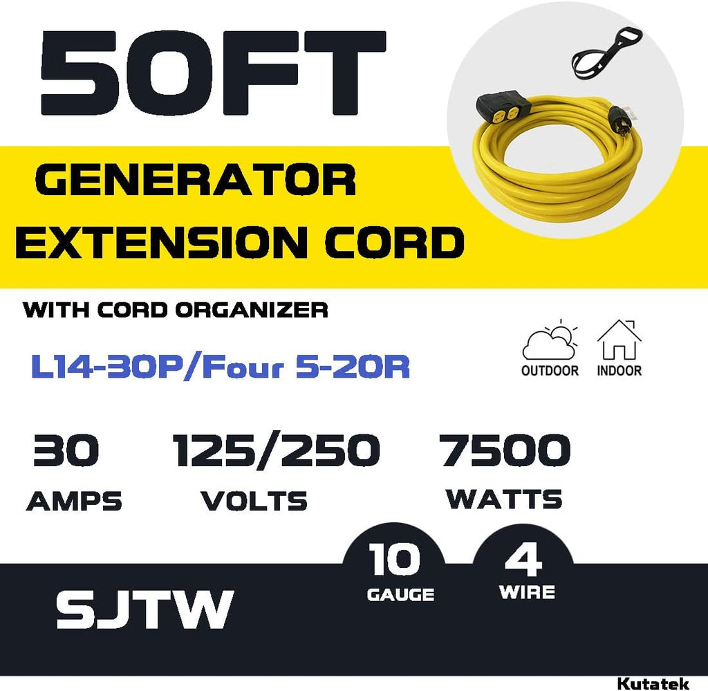 40Ft L14-30P to Four 5-20R 30 Amp Generator Power Cord T33624
