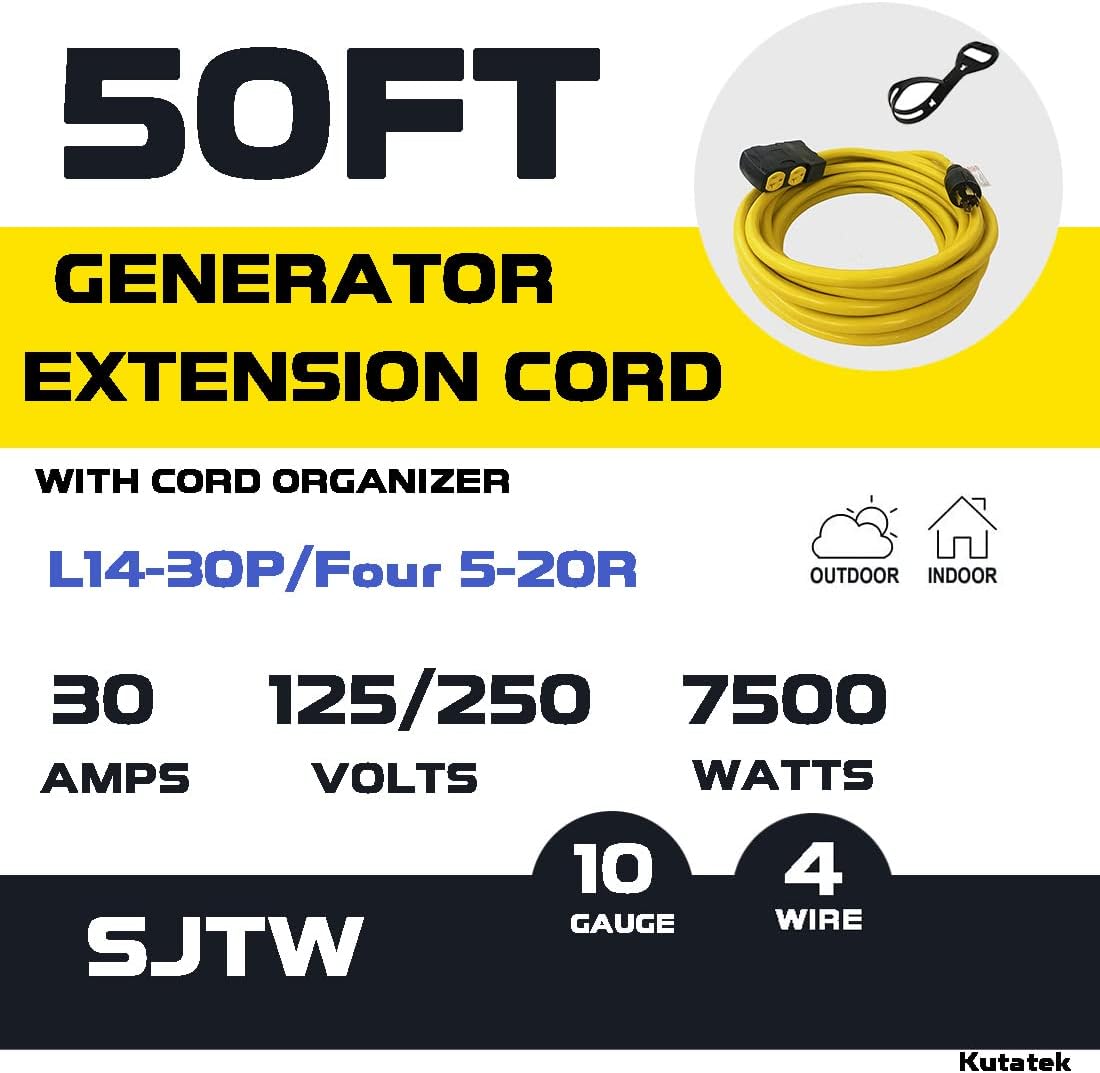 40Ft L14-30P to Four 5-20R 30 Amp Generator Power Cord T33624