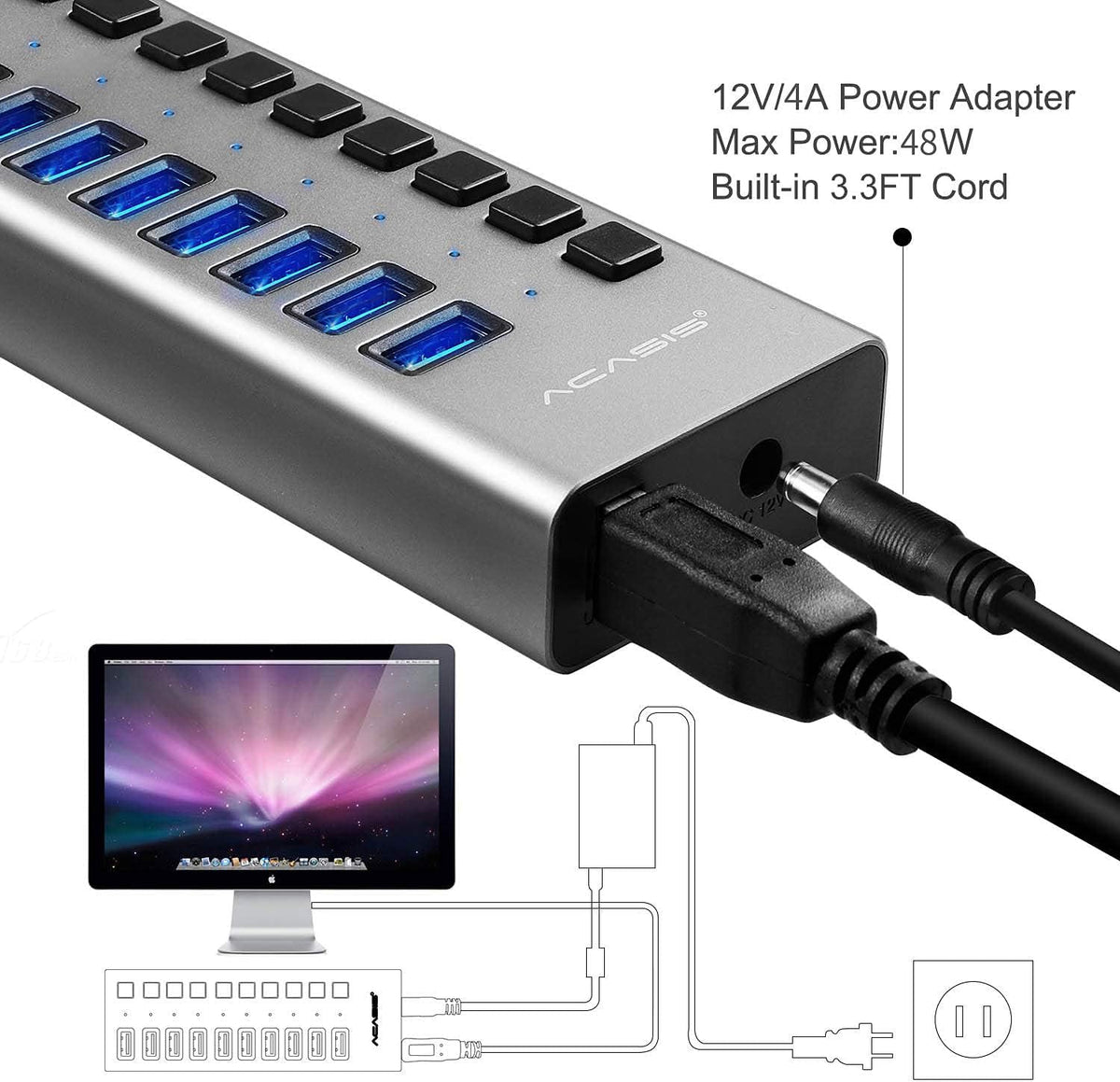 16 Ports USB 3.0 Data Hub with On/Off Switches and Power Adapter H15337