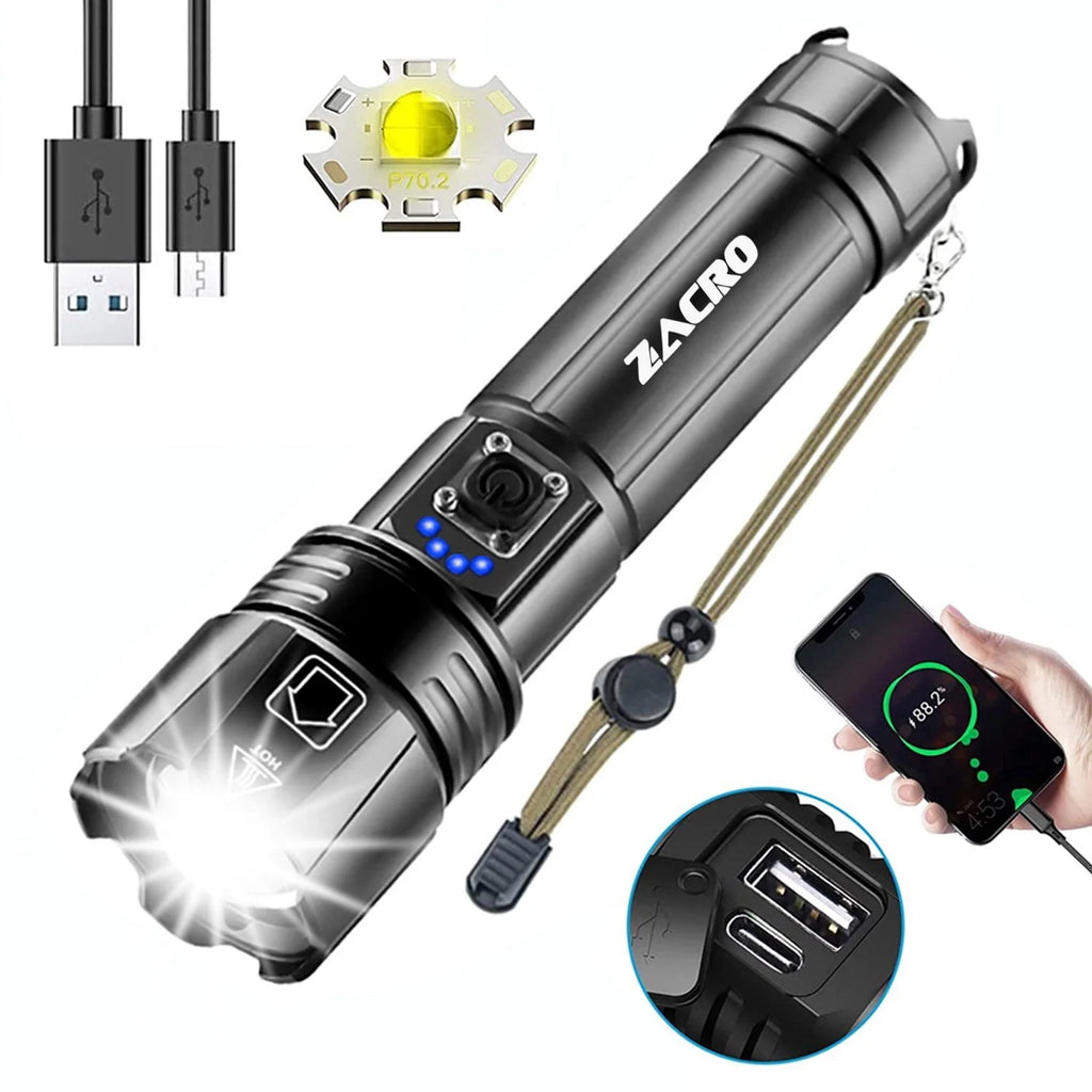 100000 Lumen Rechargeable LED Flashlight with 7 Modes and COB Sidelight X3000