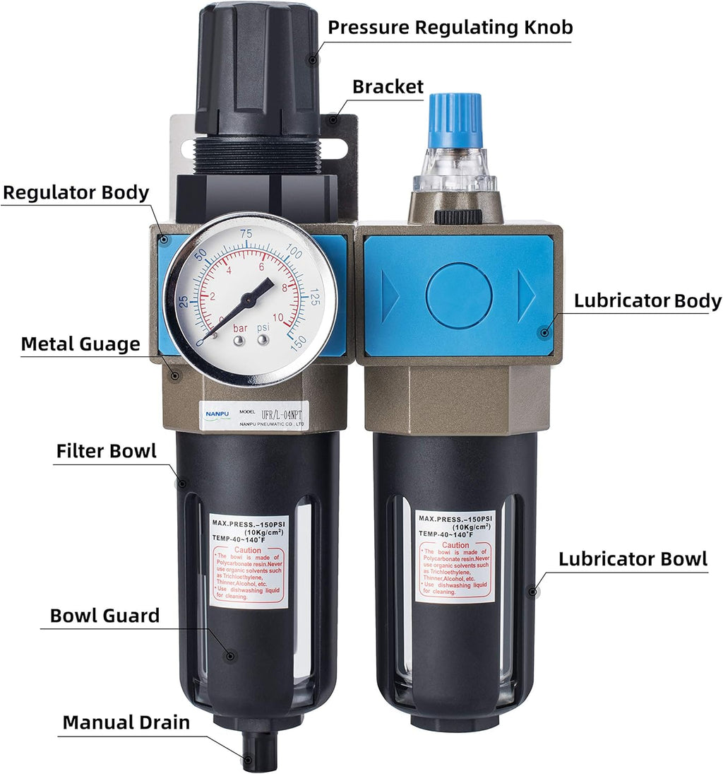 1/2 NPT Compressed Air Filter Regulator Lubricator, 5 Micron Brass Element J1458