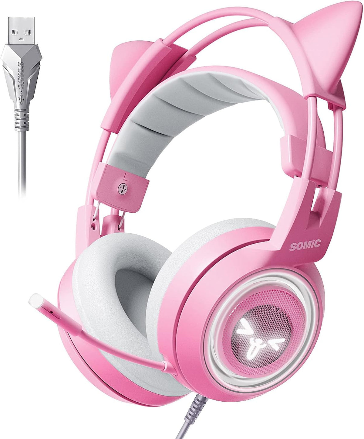 Black Gaming Headset 7.1 Virtual Surround Sound Detachable Cat Ear LED Over Ear Headphones W158
