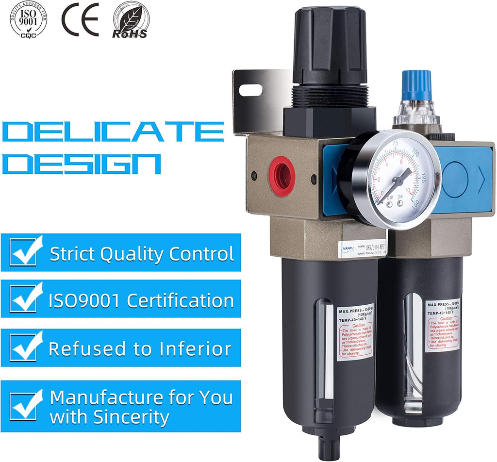 1/2 NPT Compressed Air Filter Regulator Lubricator, 5 Micron Brass Element J1458