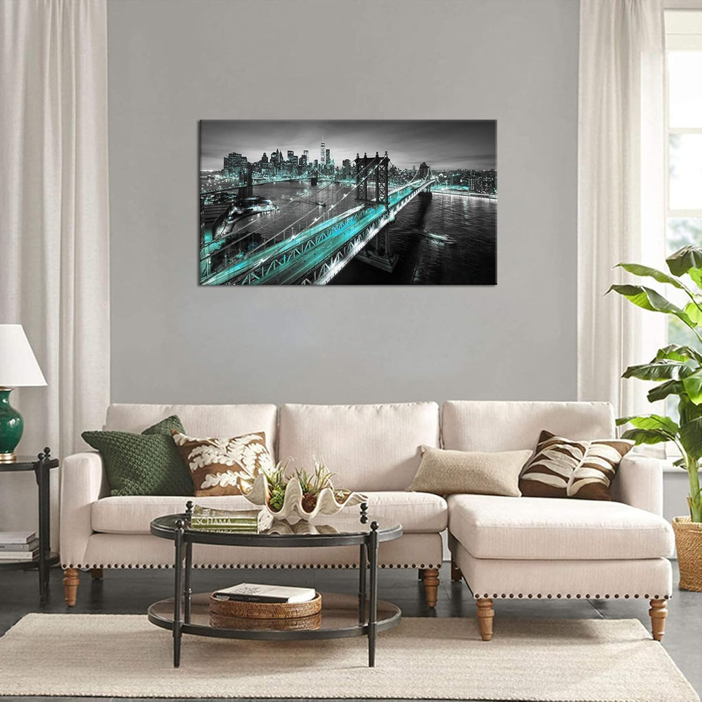 3 Piece Black White and Teal Cityscape Canvas Prints 20x36 X639108